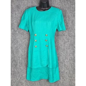 VTG Casual Corner Petite Womens Dress Sz 4 Green Short Sleeve Gold‎ Button Front
